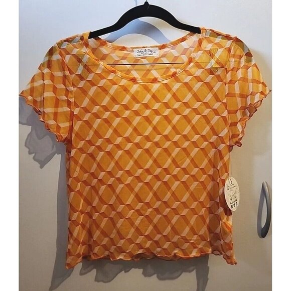 Jolie & Joy Orange Pattern Sheer Short Sleeve Top Sz L NWT Retro Look - Picture 1 of 7